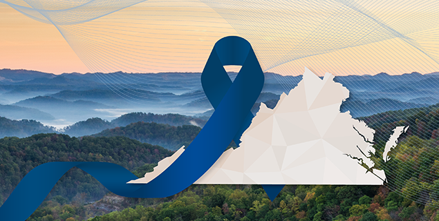 Virginia state outline with blue cancer ribbon and Blue Ridge Mountains in background